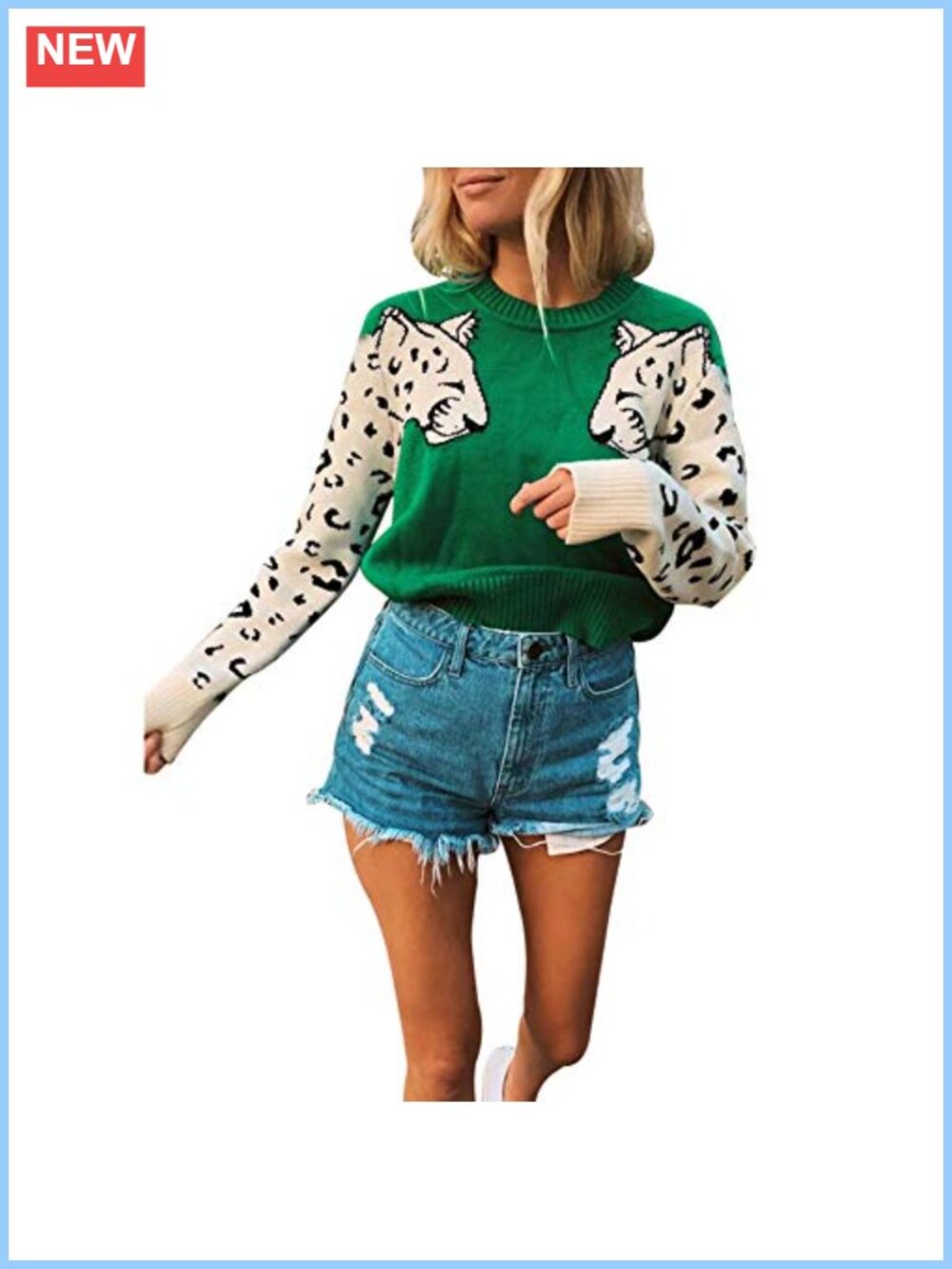 Leopard Print Knitted Pullover Sweater Long Sleeve Crew Neck Jumper